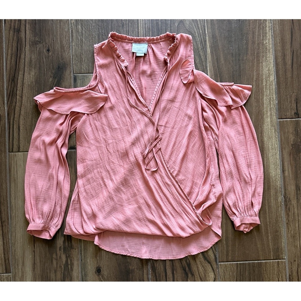 Anthropologie Maeve Rose Pink Cold Shoulder Ruffle‎ Blouse XS Boho Whimsical